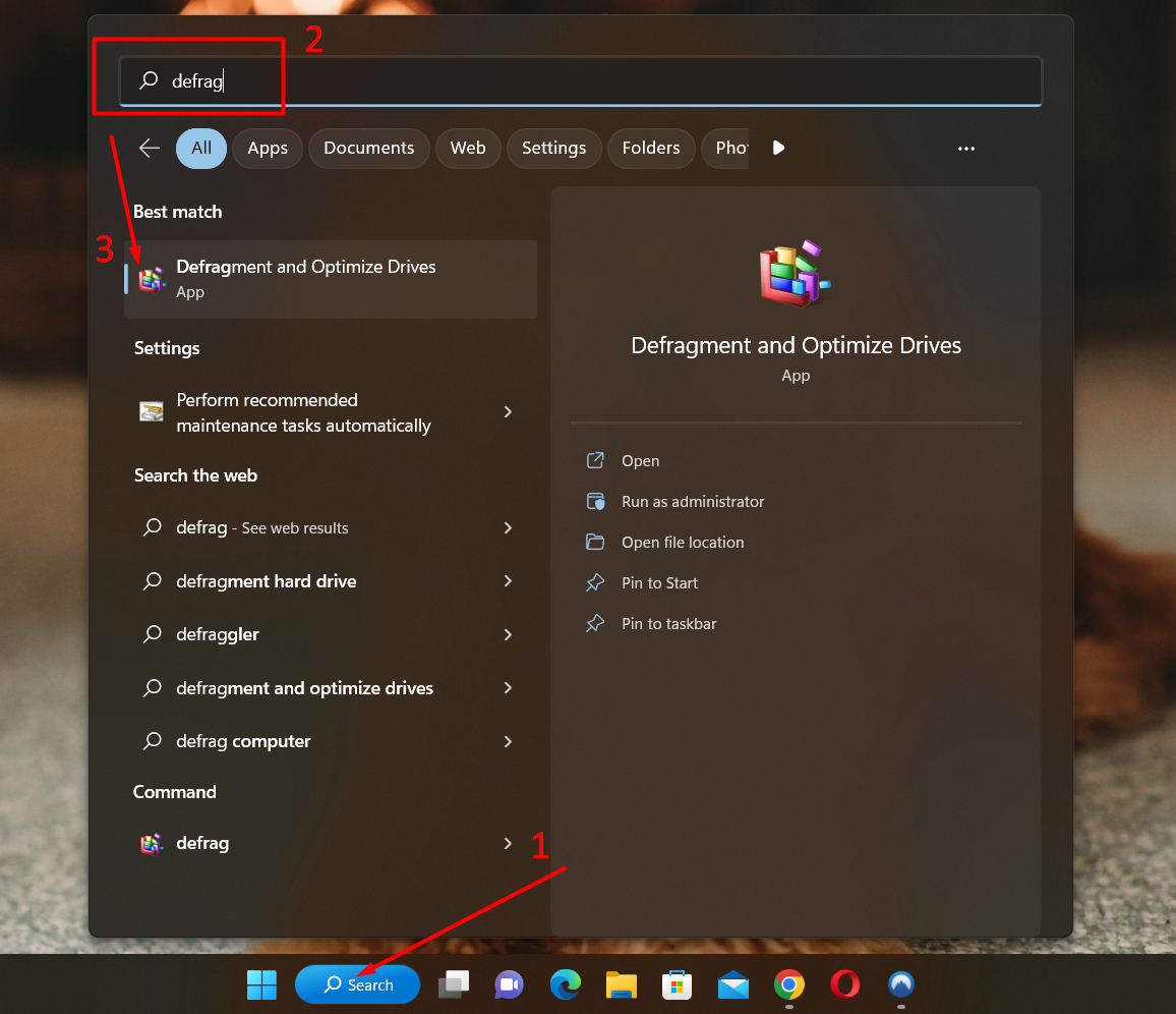 select defragment and optimize drivers from search bar on taskbar or search menu