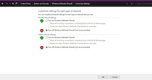 Select Turn on Windows Defender Firewall
