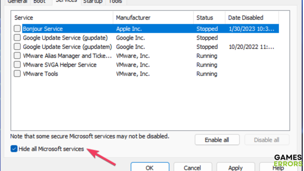 The Hide all Microsoft services option csgo not launching