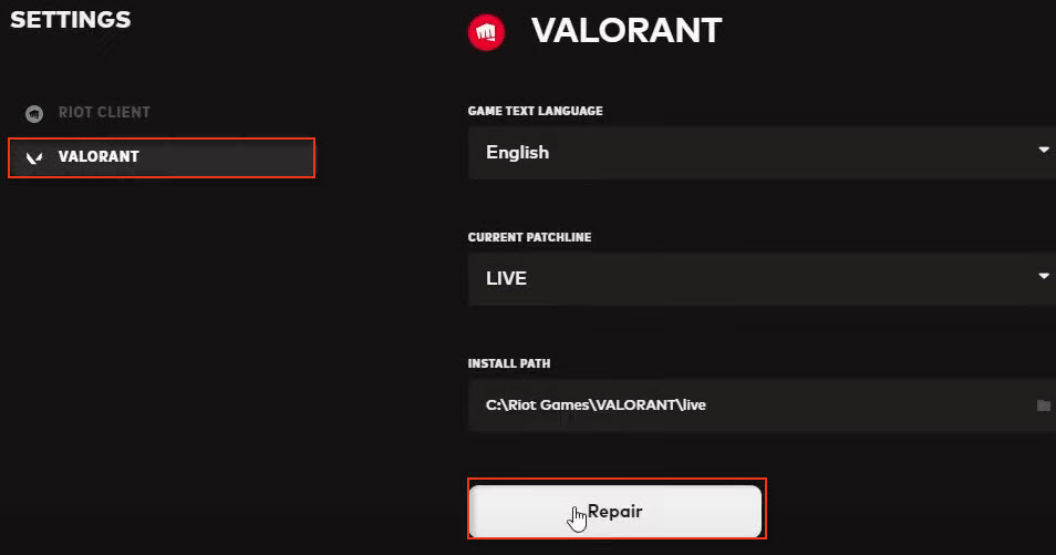 Low Client FPS Error in Valorant - Repair game files