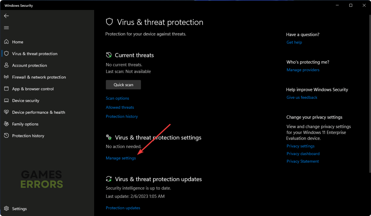 click on manage settings virus and threat protection settings