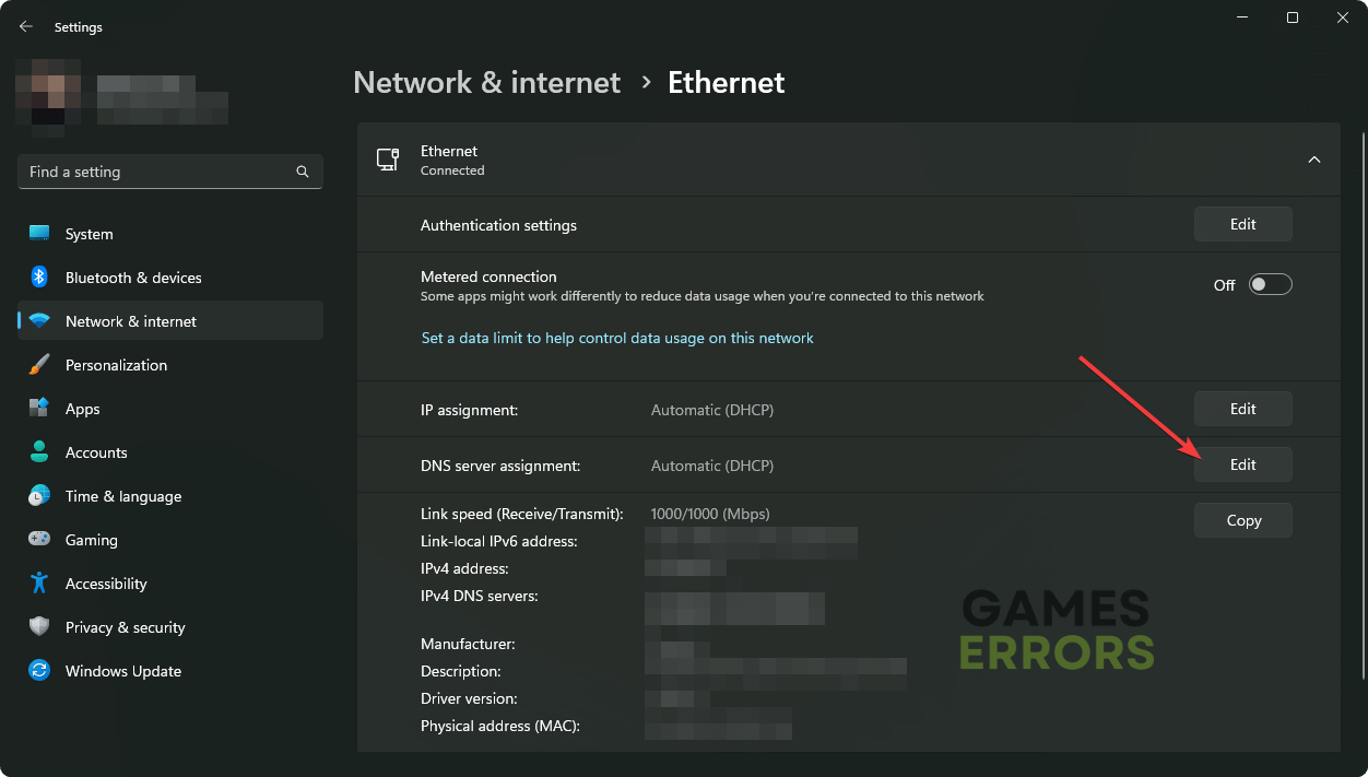 clicking edit next to the DNS server assignment Windows 11 settings