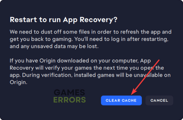 clicking on clear cache EA app