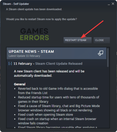clicking restart steam for update