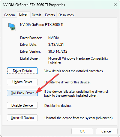 clicking roll back driver for NVIDIA graphics card