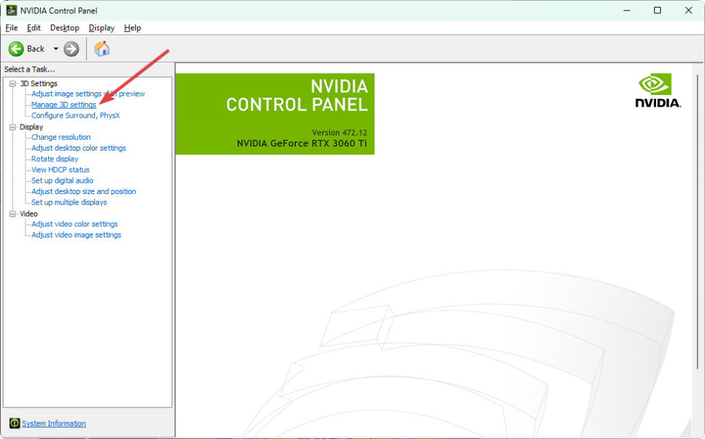 going manage 3d settings NVIDIA control panel