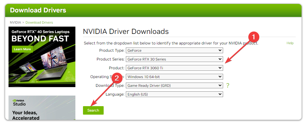 searching gpu driver based on model nvidia