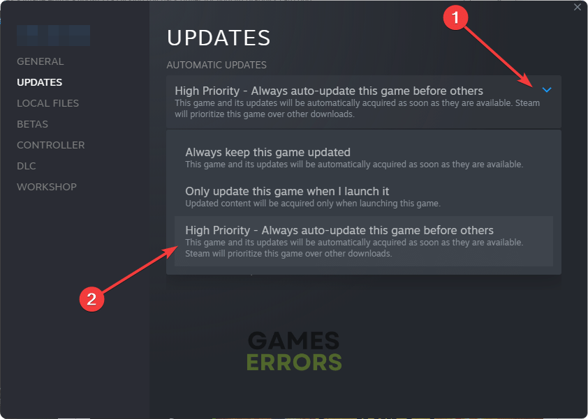 setting high priority automatic updates for game steam