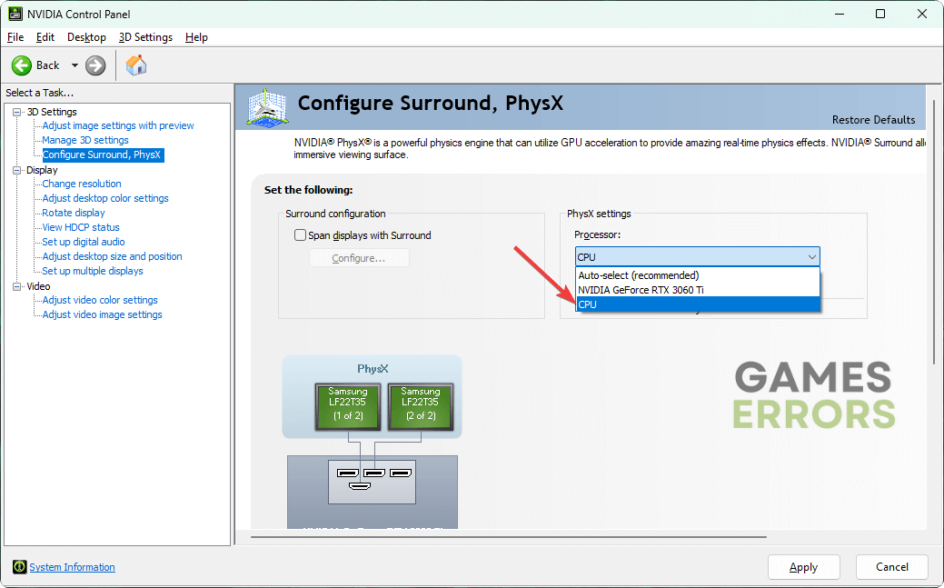 setting physx settings processor to CPU nvidia control panel