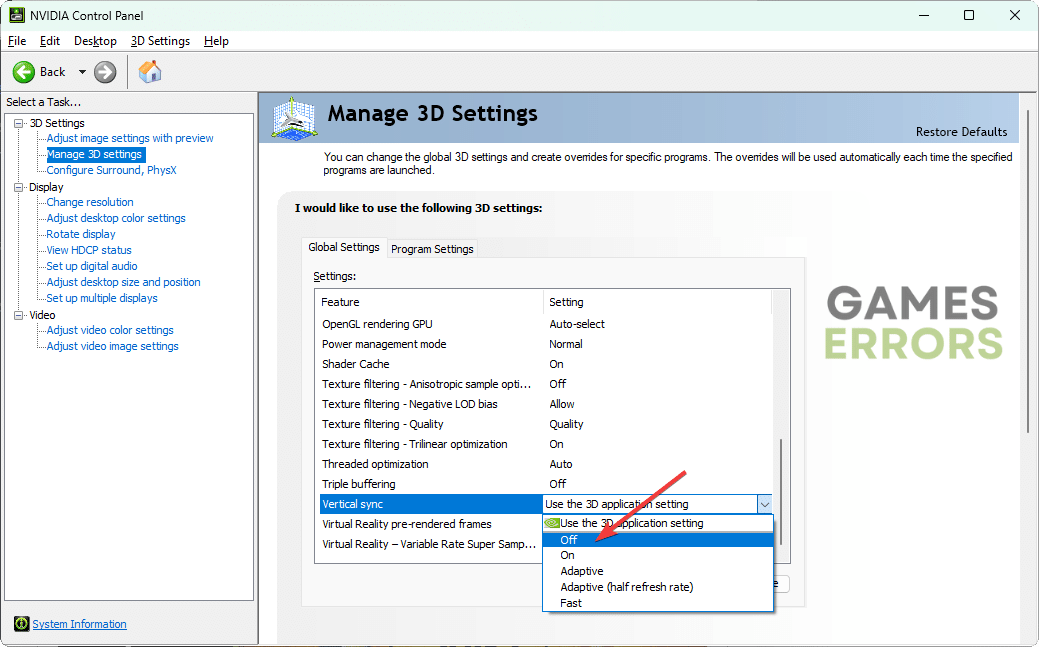 turning off vertical sync in NVIDIA Control Panel