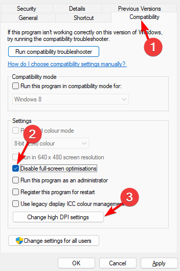 select Disable Fullscreen optimizations