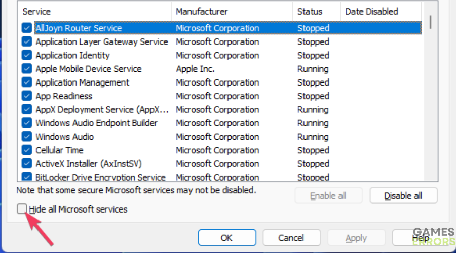 Hide all Microsoft services option games crashing on startup