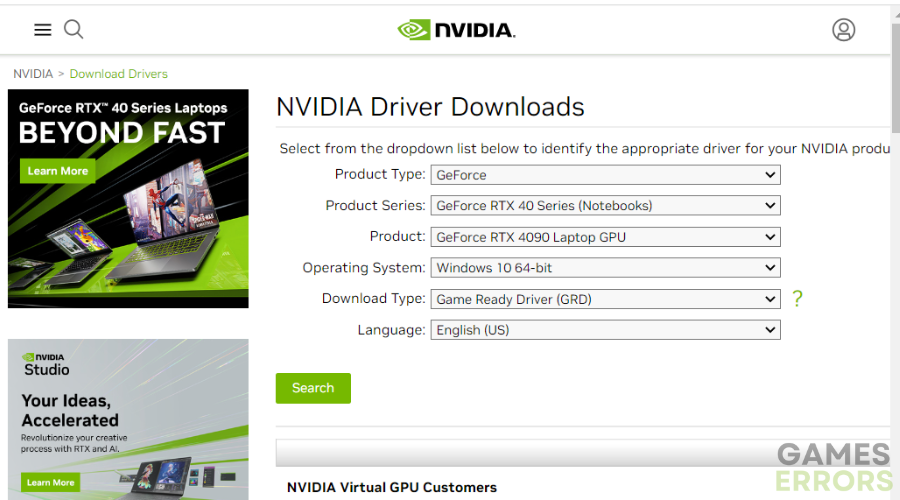 NVIDIA driver download page games crashing without error