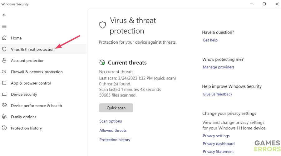 Virus & threat protection tab games crashing on startup
