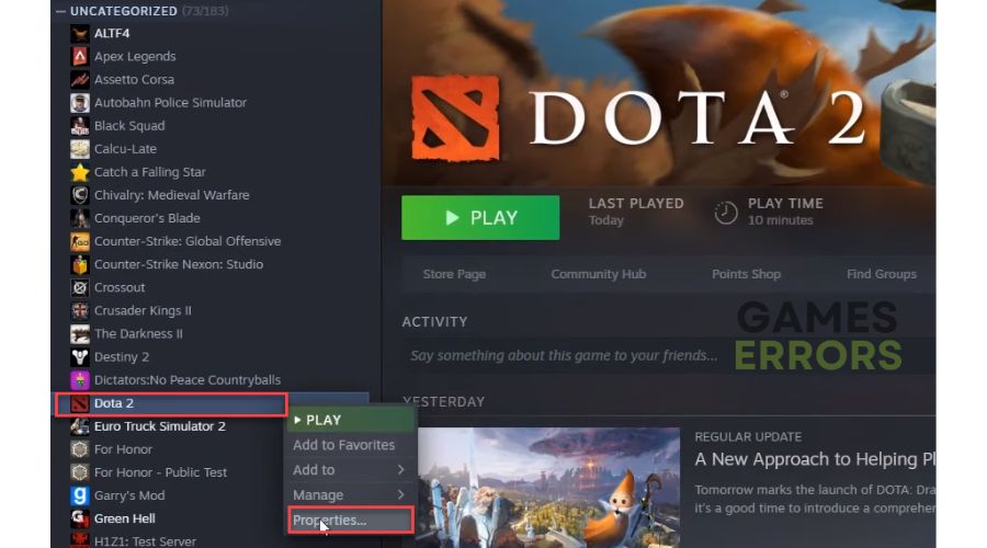 Dota 2 is stuck on the loading screen - Game Properties