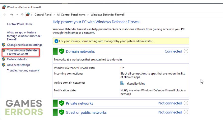 Ubisoft Connect has detected an unrecoverable error - Turn Windows Defender Firewall on or off
