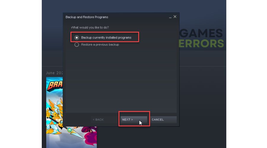 Steam Client Backup Dialog