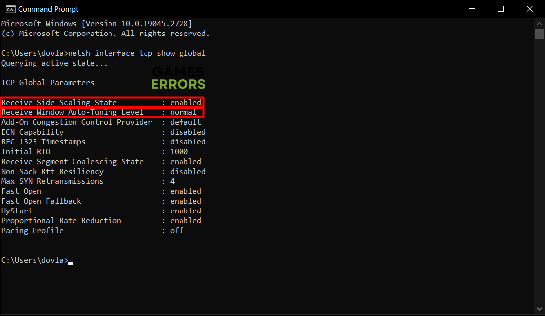 TCP global paramters command prompt