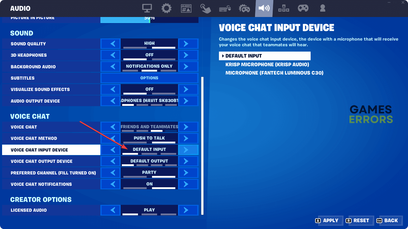 changing voice chat input device fortnite