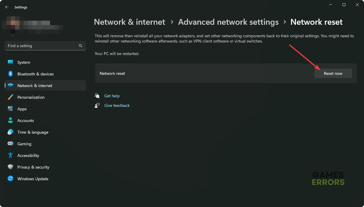 clicking reset now for network reset windows 11 settings