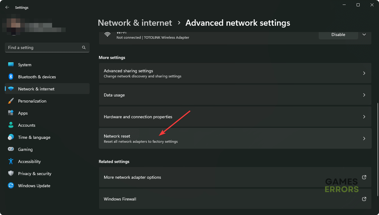 going network reset windows 11 settings