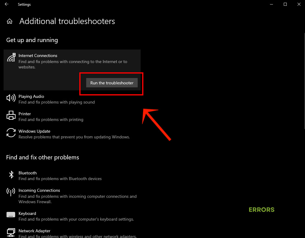 Launch internet troubleshooter