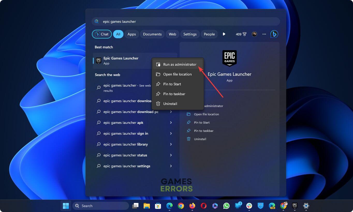 running epic games launcher as an administrator windows 11
