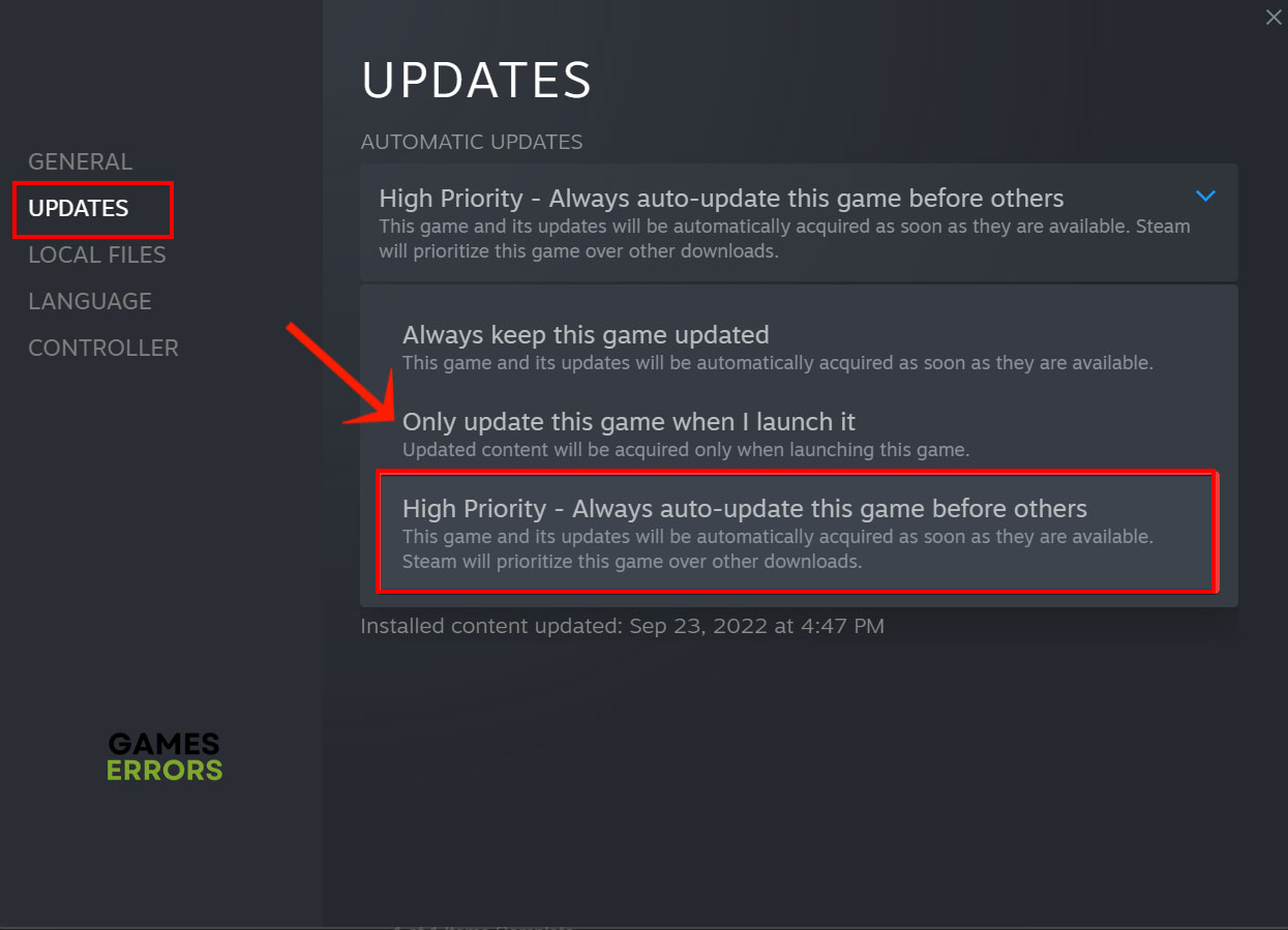Set update priority in Steam