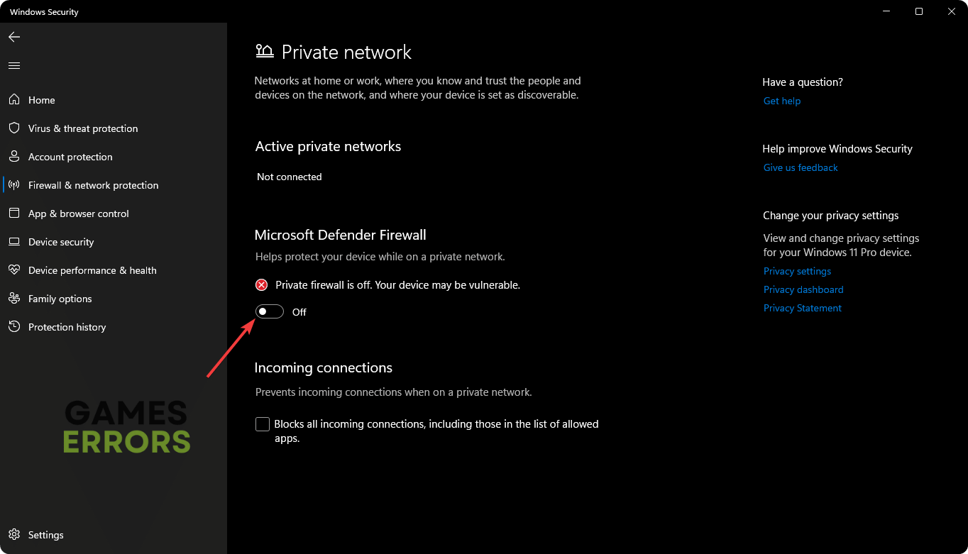 turning off microsoft defender firewall for private network