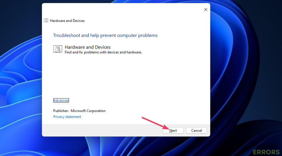 The Hardware and Devices troubleshooter xbox wireless controller driver error