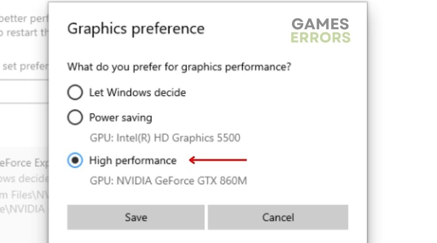 Select the GPU you want Windows to use for the game and click on Save.