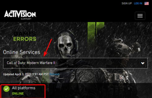 select game in activision support page to check server status