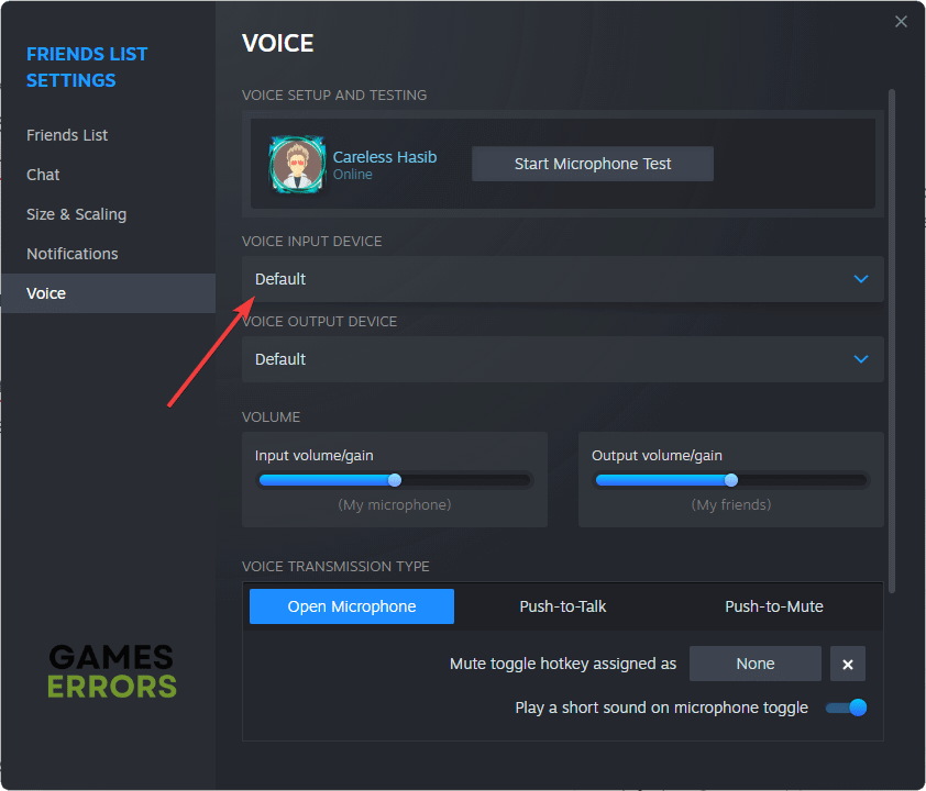 changing voice input device steam friends list settings
