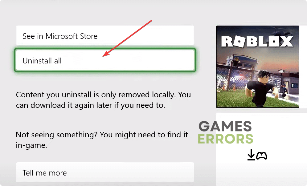 clicking uninstall all roblox game xbox