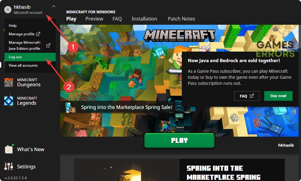 logging out from minecraft launcher