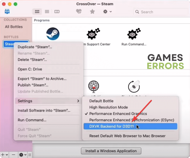 selecting DXVK Backend for D3D11 for Steam in mac