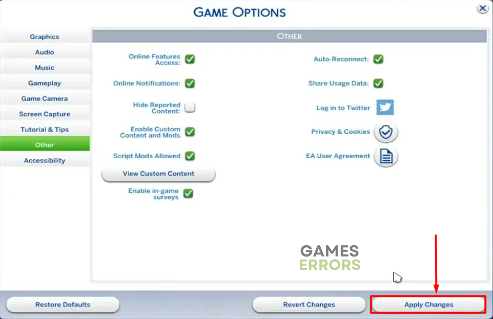 sims apply changes other game options