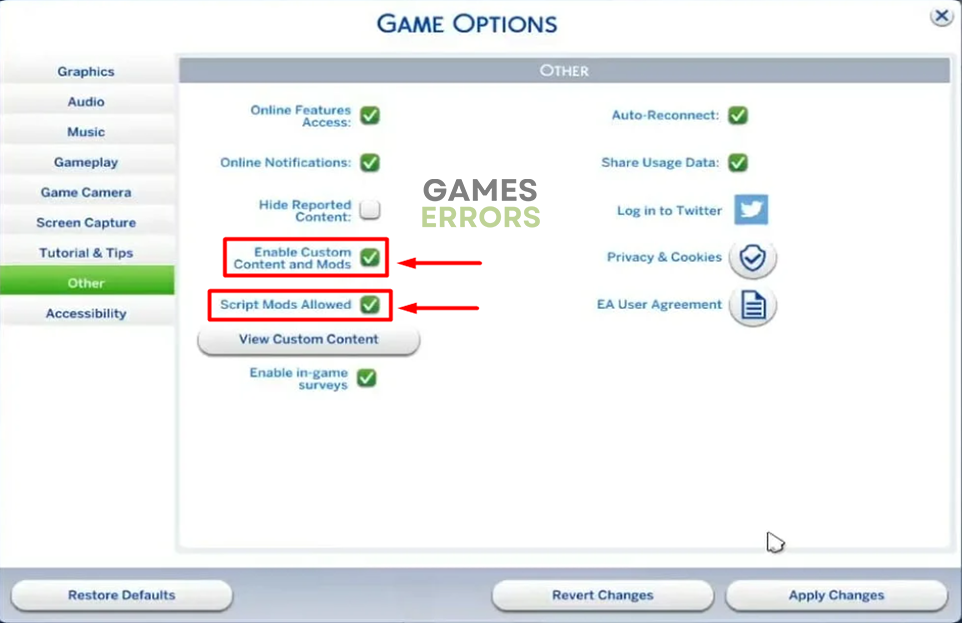 sims enable mods scripts option
