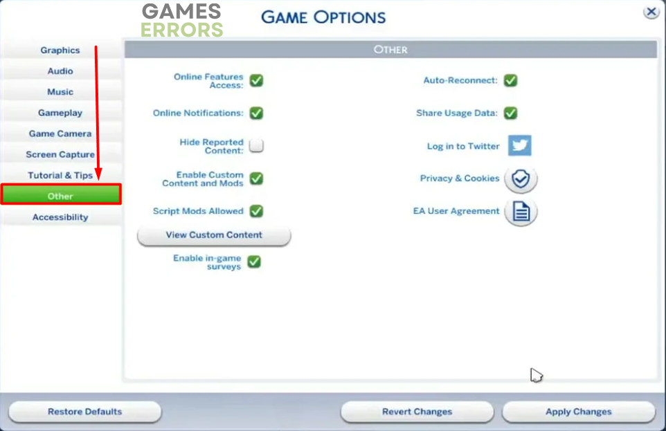 sims other game options