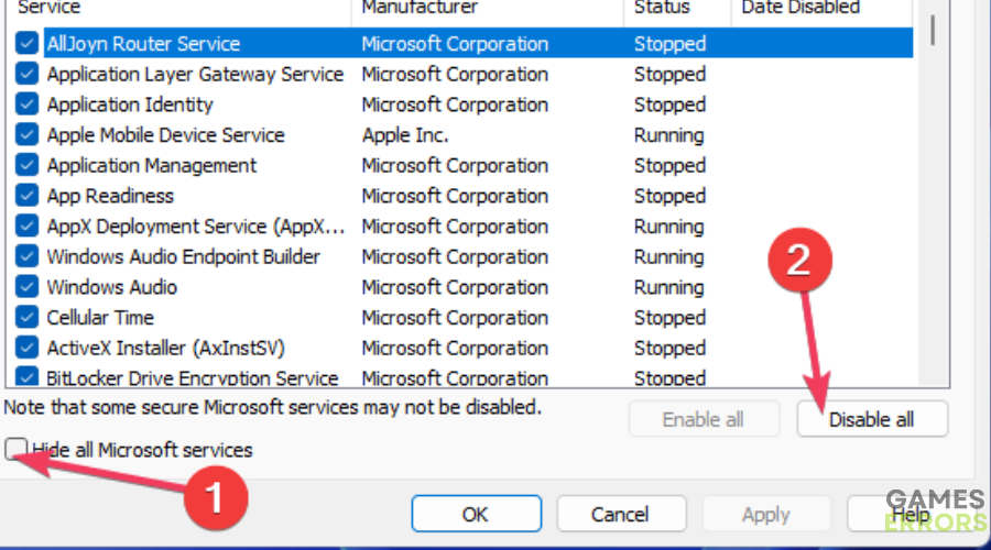 The Hide all Microsoft Services option ea app crashing