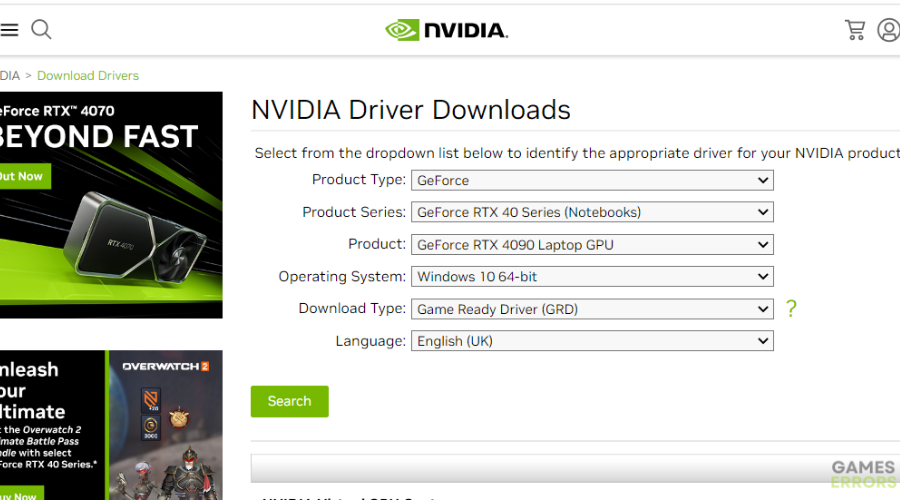 NVIDIA driver download page directx encountered an unrecoverable error