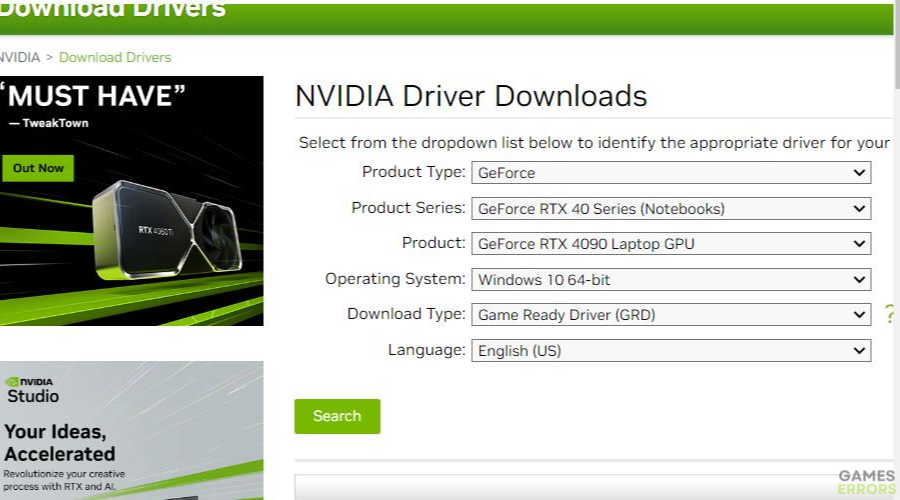 NVIDIA driver download page games crashing due to low memory