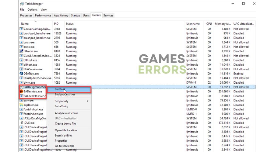 EA error code 10005 - End Task
