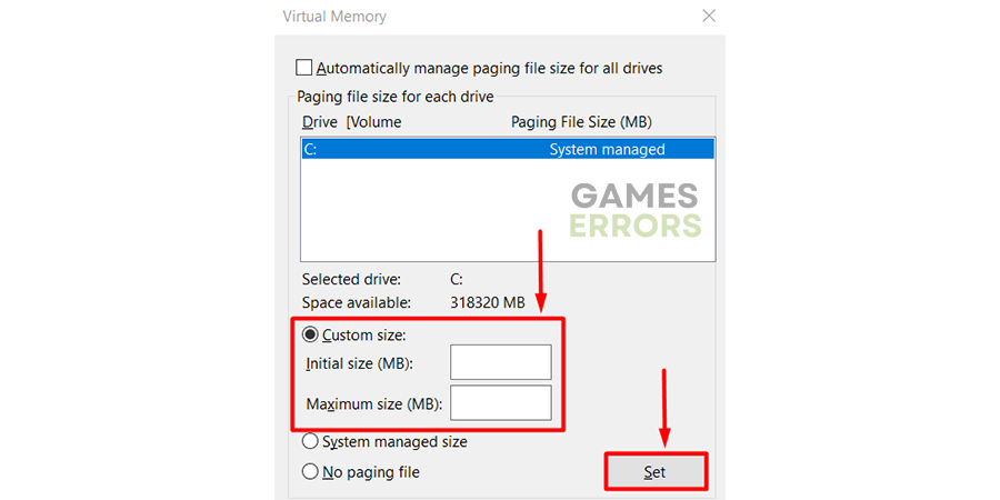 virtual memory custom size set