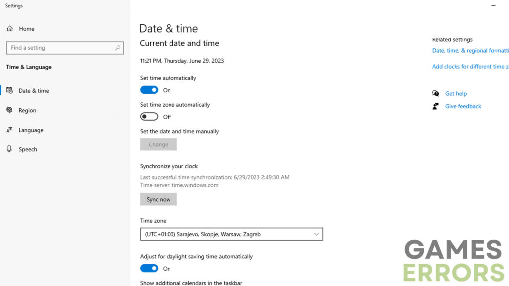 Date and time section on Windows