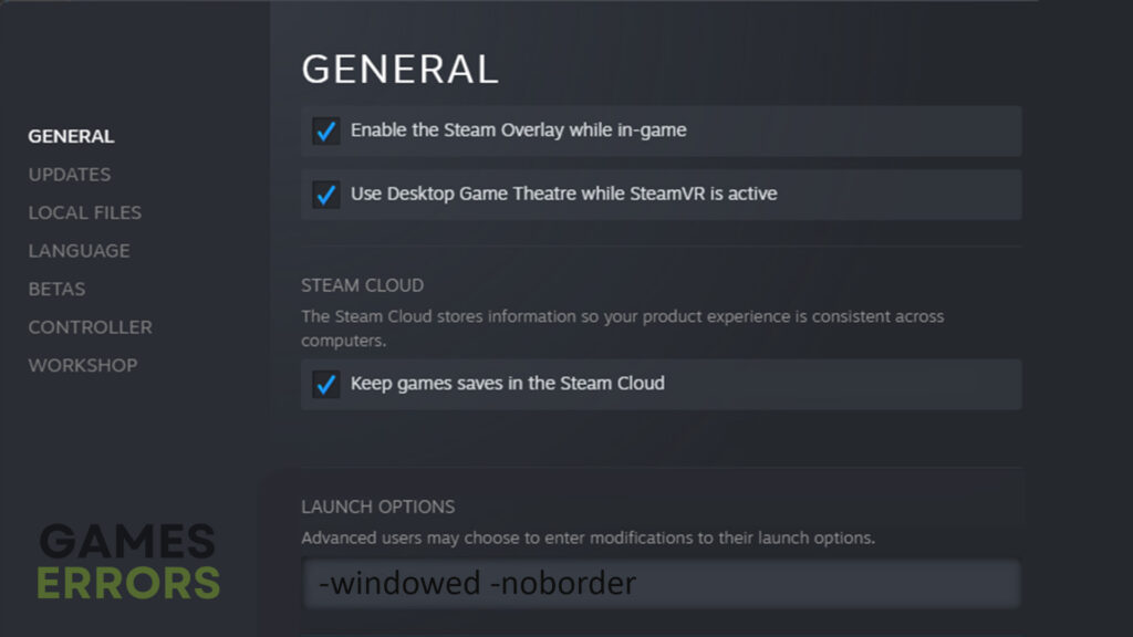Launch options to run the game in windowed borderless
