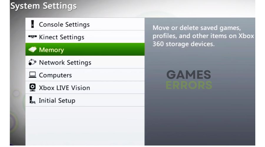 Xbox Memory Settings