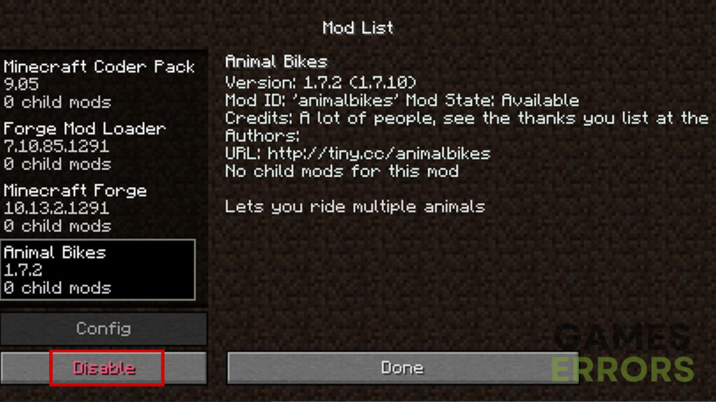 Disabling mods in Minecraft