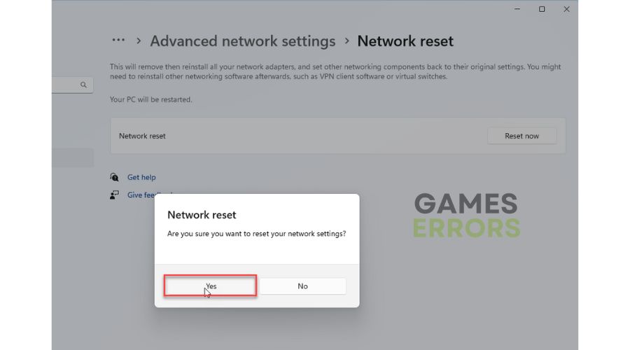 Network Reset Confirm Action