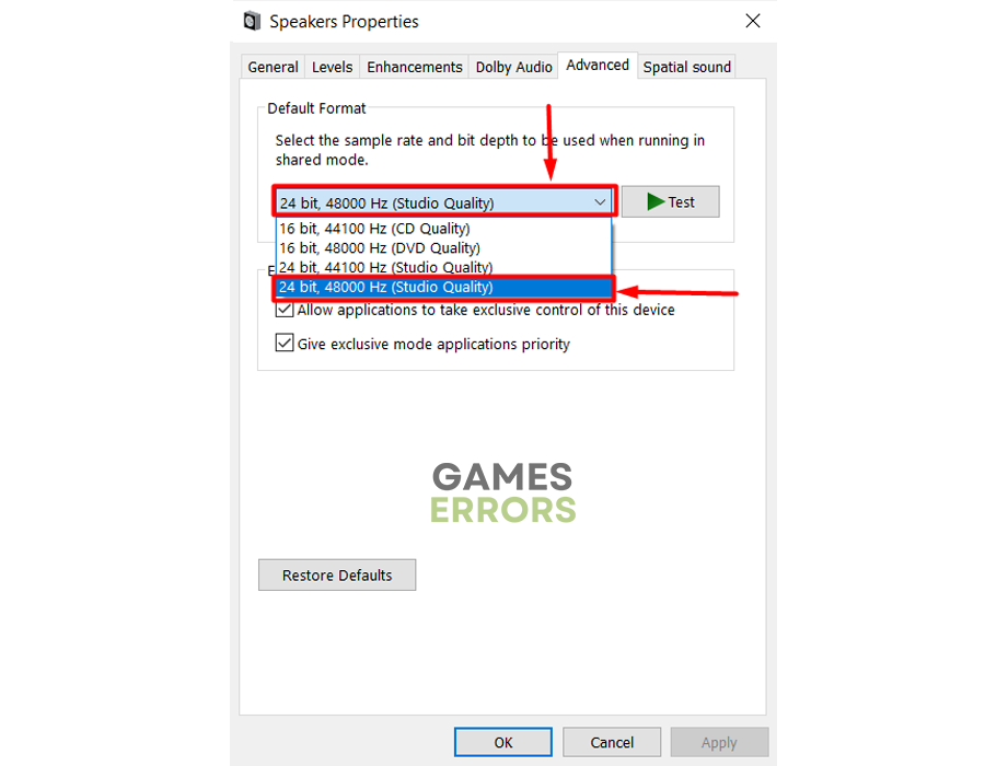 speakers properties advanced change sample rate